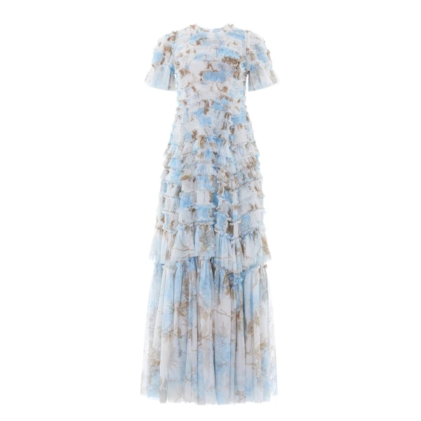 Needle and Thread Wisteria Valentine Ruffle Gown in Optic White/Blue