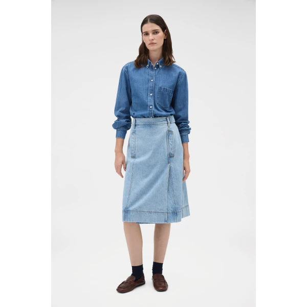 Oroton Button Detail Denim Skirt Light Vintage Wash, view 2
