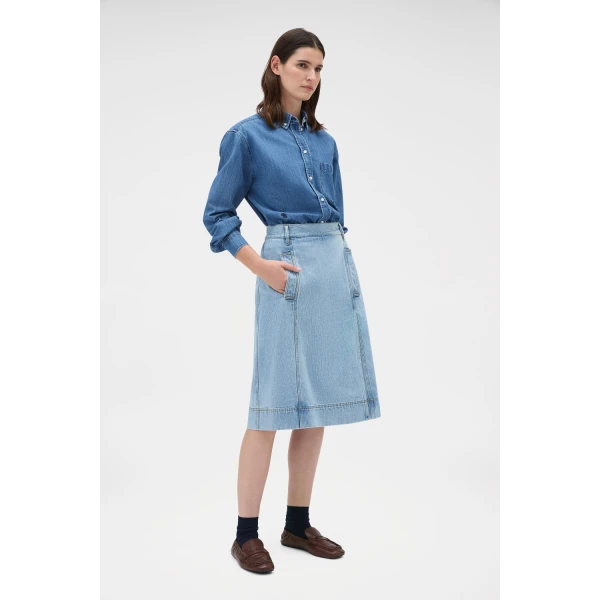Oroton Button Detail Denim Skirt Light Vintage Wash, view 3