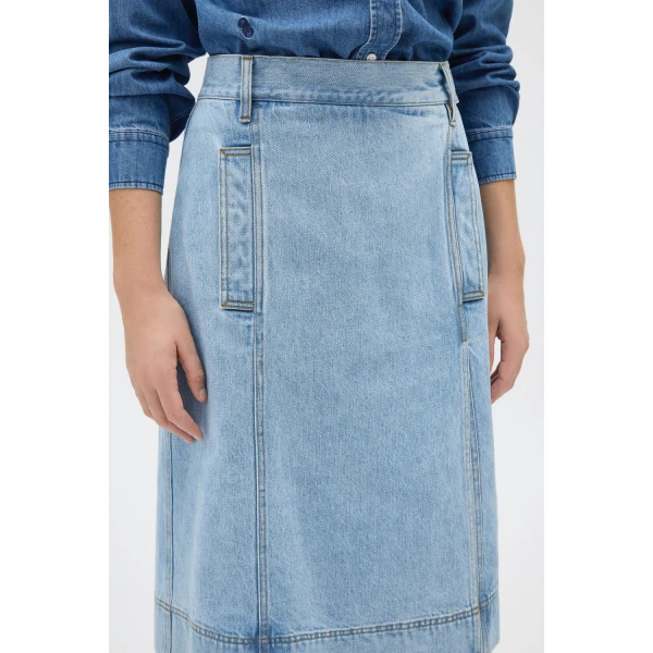 Oroton Button Detail Denim Skirt Light Vintage Wash, view 4