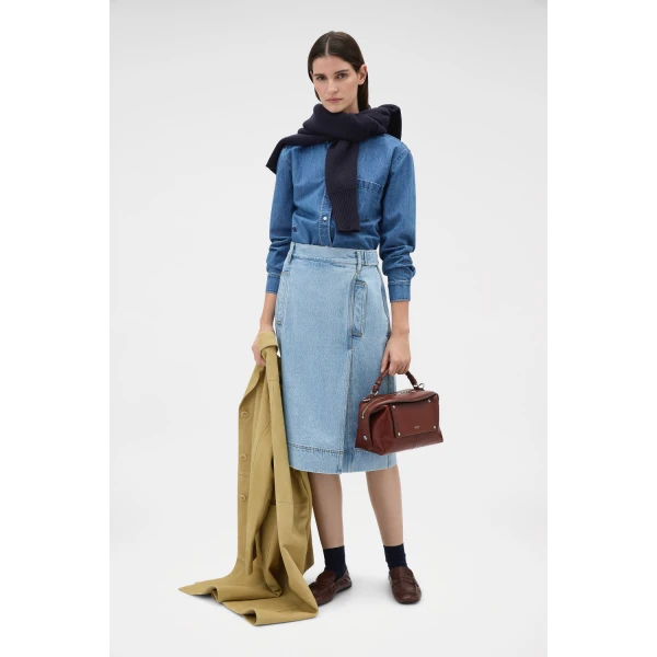 Oroton Button Detail Denim Skirt Light Vintage Wash, view 6