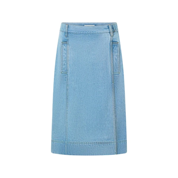 Oroton Button Detail Denim Skirt Light Vintage Wash