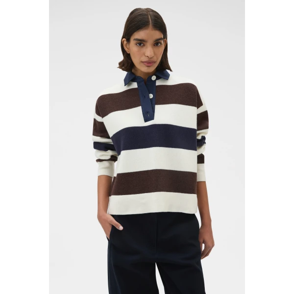 Oroton Contrast Collar Rugby Knit Whipped Cream, view 2