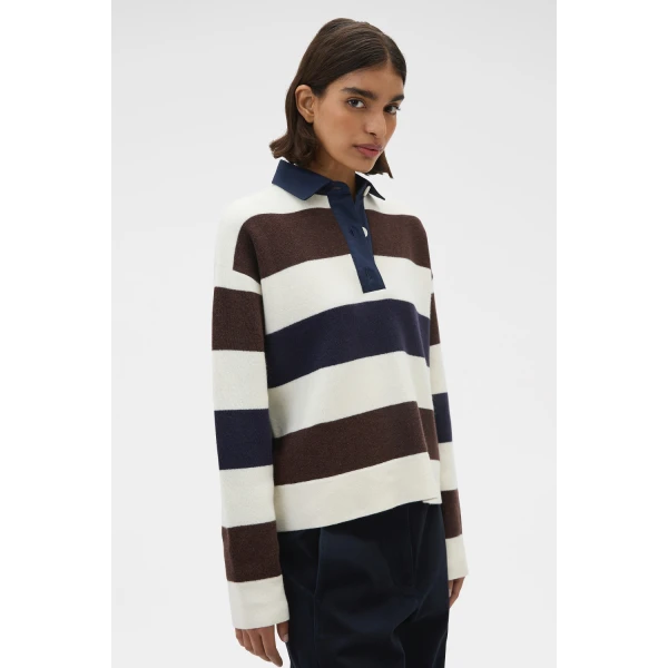 Oroton Contrast Collar Rugby Knit Whipped Cream, view 3