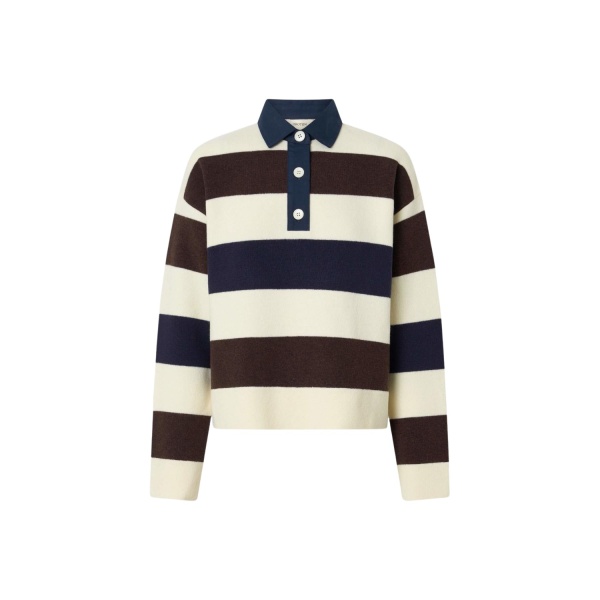 Oroton Contrast Collar Rugby Knit Whipped Cream