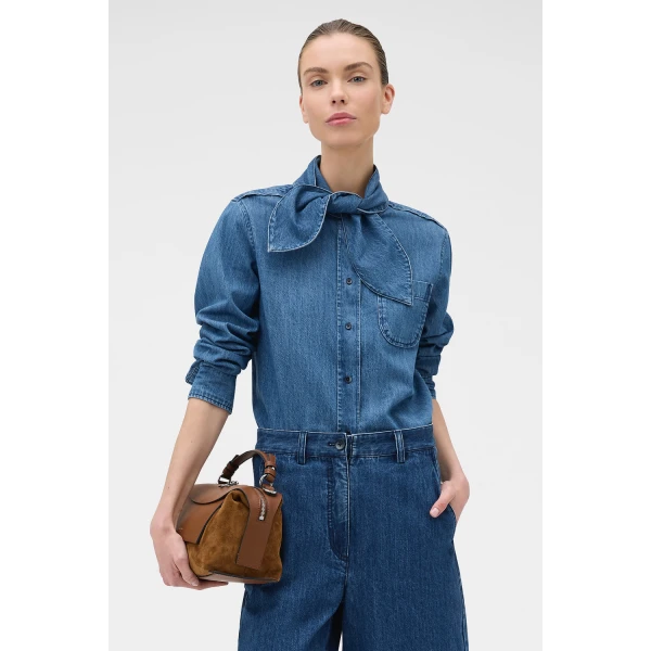 Oroton Denim Tie Neck Shirt Denim, view 2