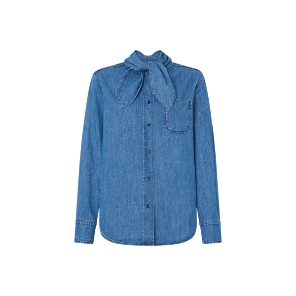 Oroton Denim Tie Neck Shirt Denim