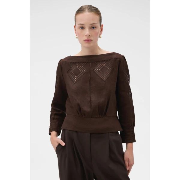 Oroton Drawn Thread Detail Blouse Dark Chocolate, view 2