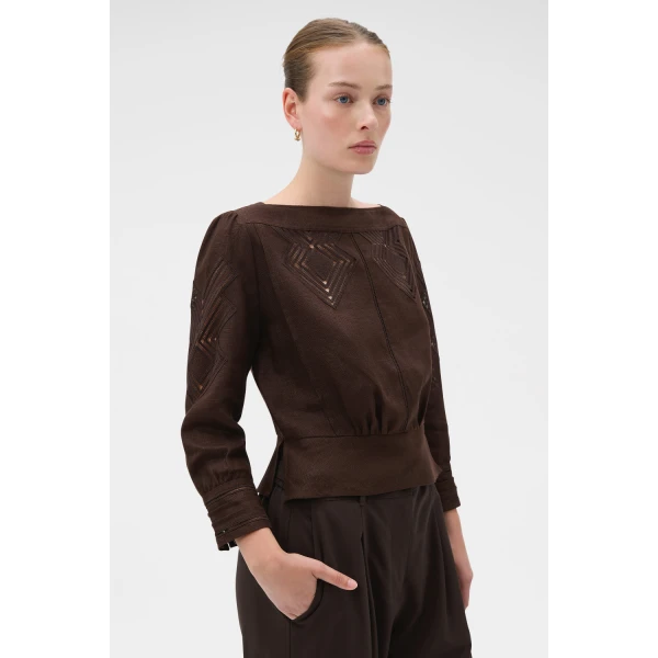 Oroton Drawn Thread Detail Blouse Dark Chocolate, view 3