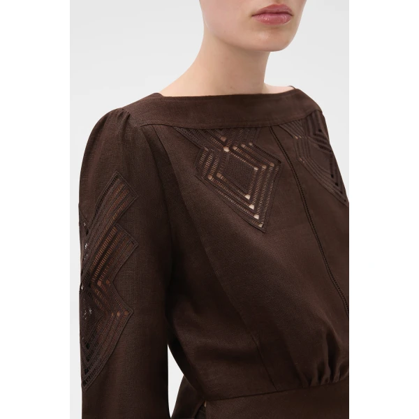 Oroton Drawn Thread Detail Blouse Dark Chocolate, view 4