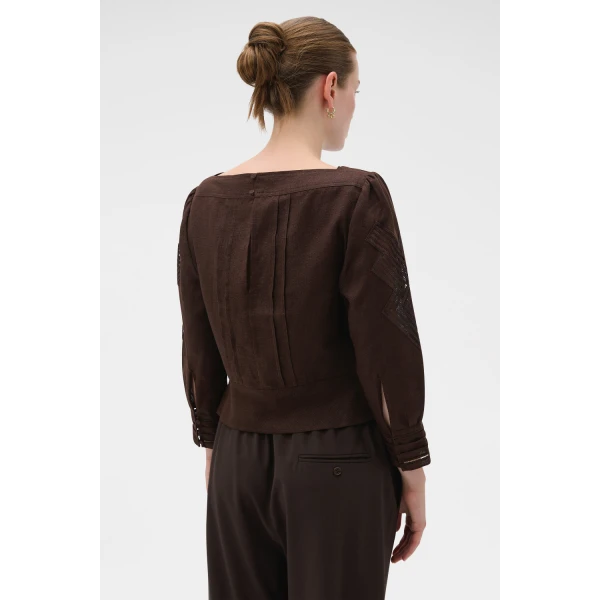 Oroton Drawn Thread Detail Blouse Dark Chocolate, view 5
