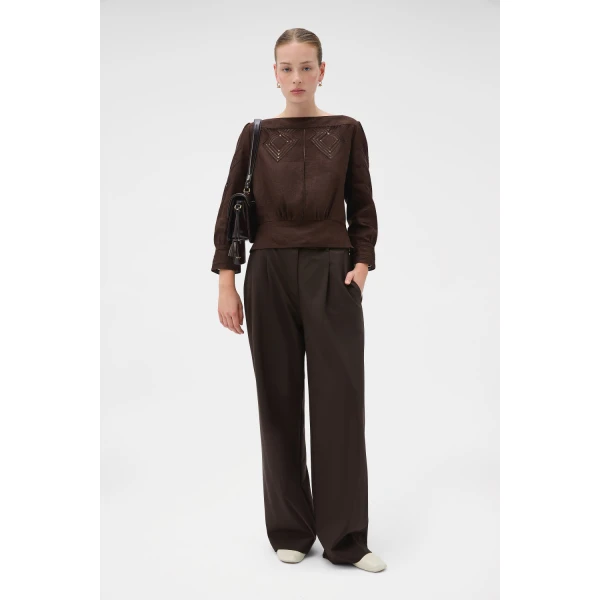 Oroton Drawn Thread Detail Blouse Dark Chocolate, view 6