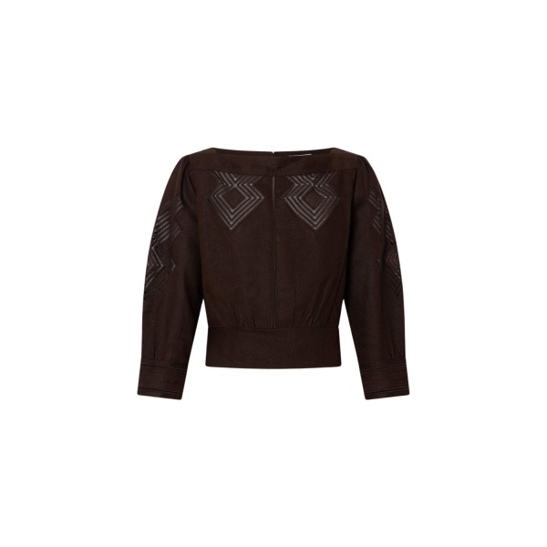 Oroton Drawn Thread Detail Blouse Dark Chocolate