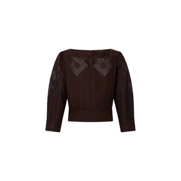 Oroton Drawn Thread Detail Blouse Dark Chocolate