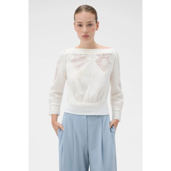 Oroton Drawn Thread Detail Blouse White, view 2