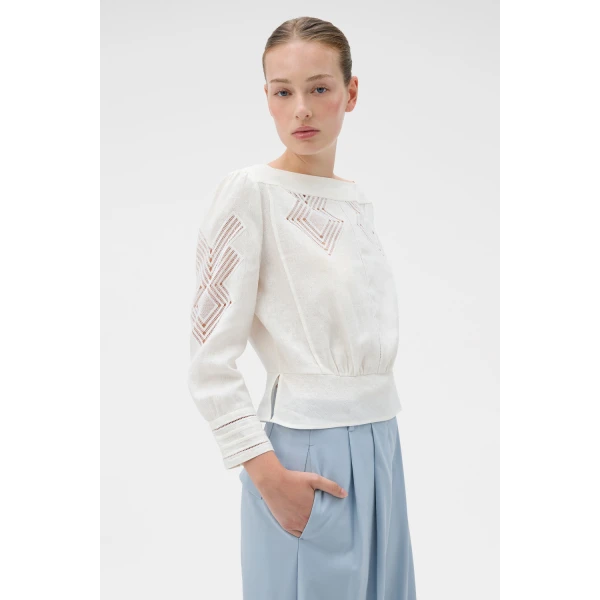Oroton Drawn Thread Detail Blouse White, view 3