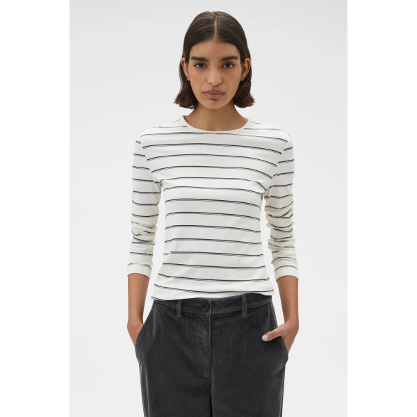 Oroton Eve Fine Rib Long Sleeve Stripe Tee Antique White Top, view 2