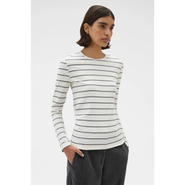 Oroton Eve Fine Rib Long Sleeve Stripe Tee Antique White Top, view 3