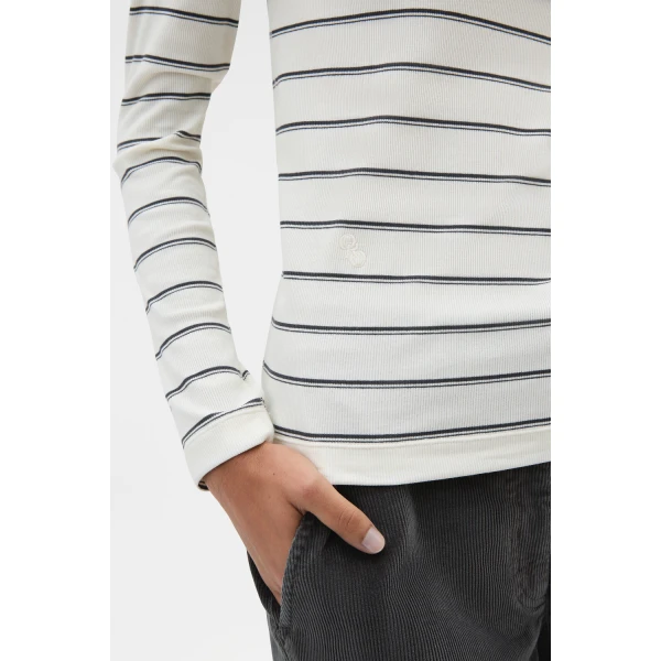 Oroton Eve Fine Rib Long Sleeve Stripe Tee Antique White Top, view 4