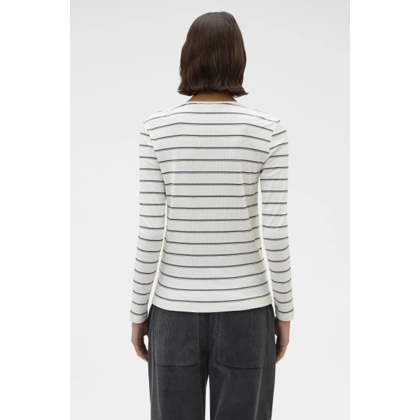 Oroton Eve Fine Rib Long Sleeve Stripe Tee Antique White Top, view 5