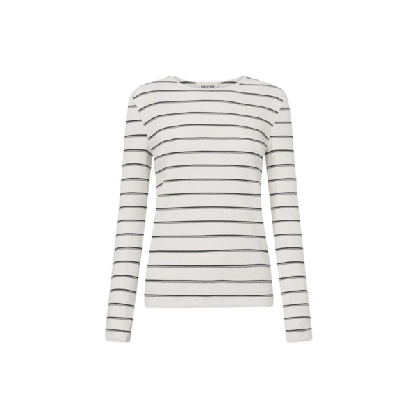 Oroton Eve Fine Rib Long Sleeve Stripe Tee Antique White Top