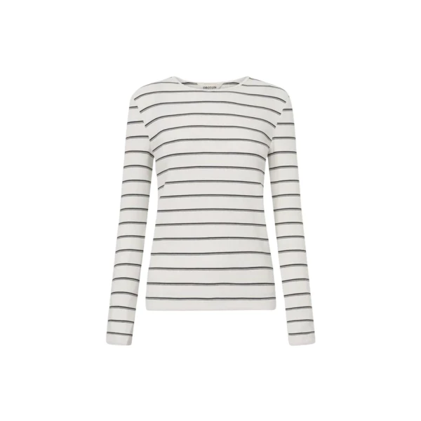 Oroton Eve Fine Rib Long Sleeve Stripe Tee Antique White Top