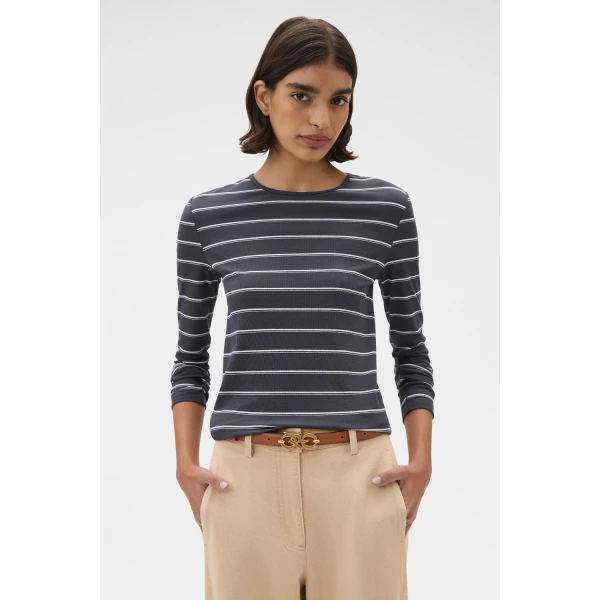 Oroton Eve Fine Rib Long Sleeve Stripe Tee Washed Charcoal Top, view 2
