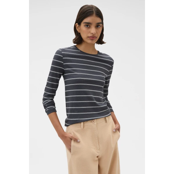 Oroton Eve Fine Rib Long Sleeve Stripe Tee Washed Charcoal Top, view 3