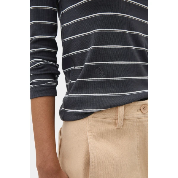 Oroton Eve Fine Rib Long Sleeve Stripe Tee Washed Charcoal Top, view 4