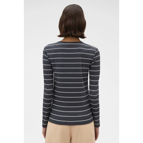 Oroton Eve Fine Rib Long Sleeve Stripe Tee Washed Charcoal Top, view 5