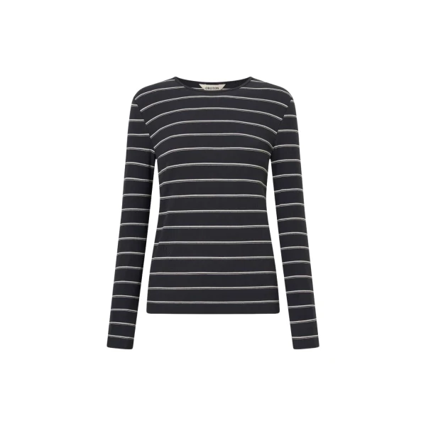 Oroton Eve Fine Rib Long Sleeve Stripe Tee Washed Charcoal Top