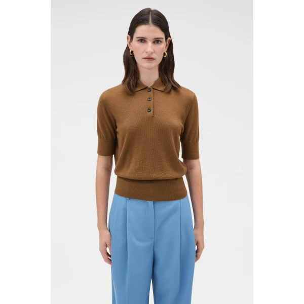 Oroton Knit Polo Top Dark Rye, view 2