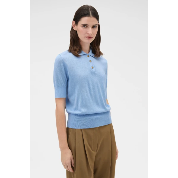 Oroton Knit Polo Top Porcelain Blue, view 3