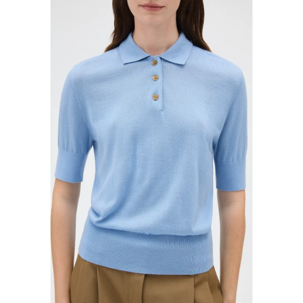 Oroton Knit Polo Top Porcelain Blue, view 4