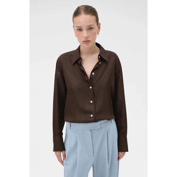 Oroton Long Sleeve Shirt Dark Chocolate, view 2