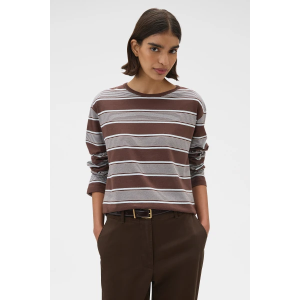 Oroton Long Sleeve Stripe Tee Chocolate Top, view 2
