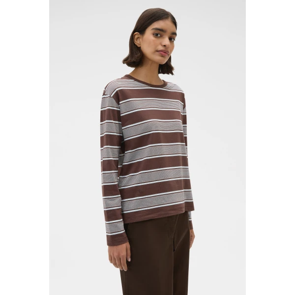 Oroton Long Sleeve Stripe Tee Chocolate Top, view 3