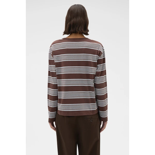Oroton Long Sleeve Stripe Tee Chocolate Top, view 5