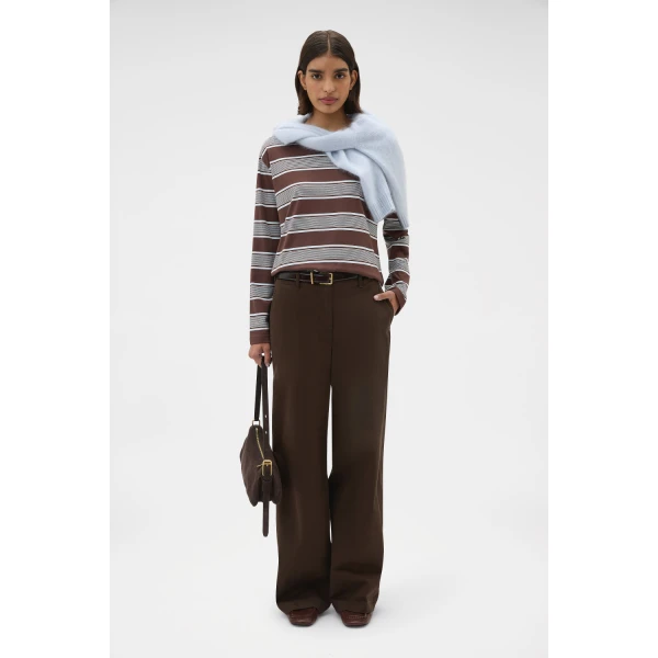 Oroton Long Sleeve Stripe Tee Chocolate Top, view 6
