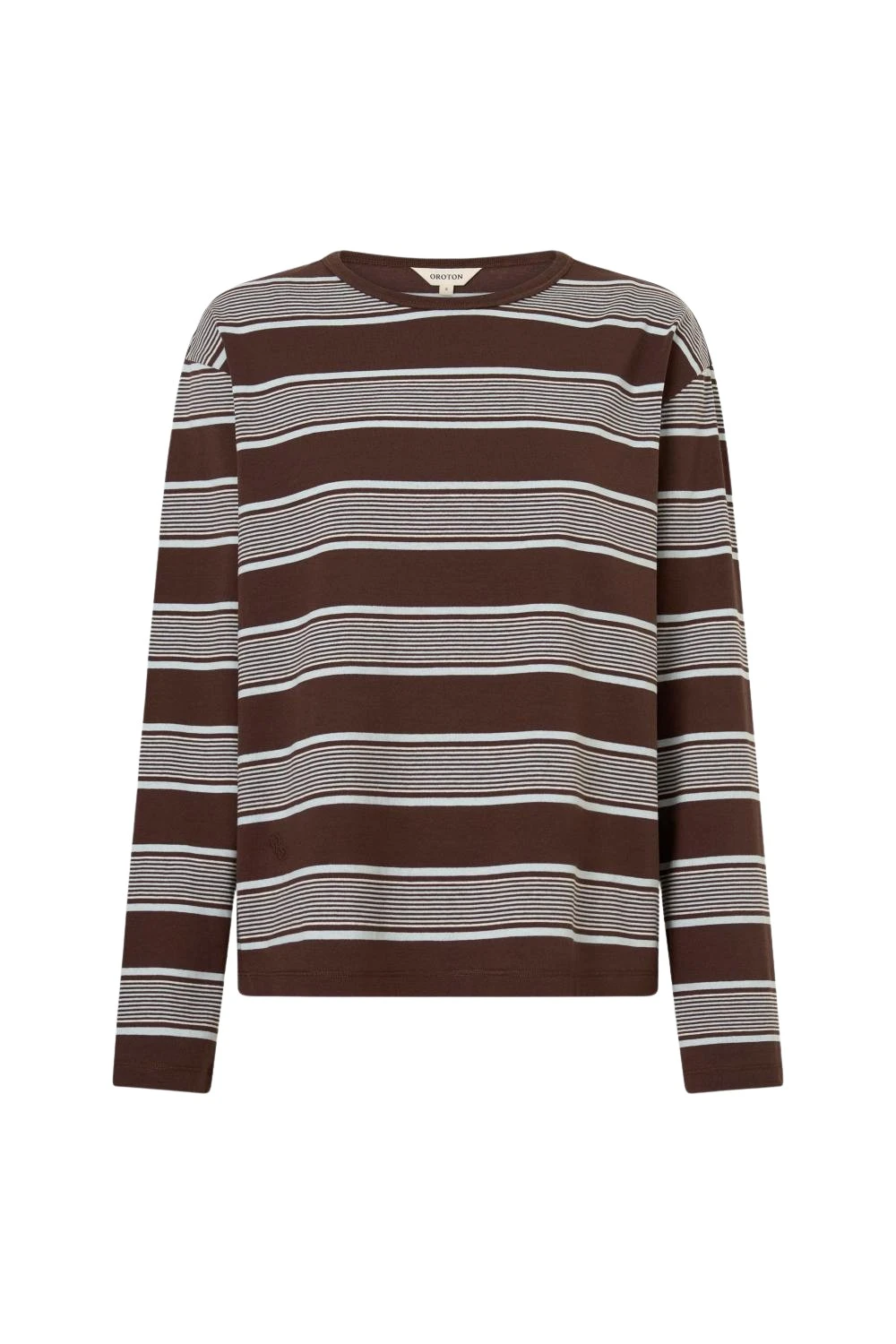 Oroton-Long-Sleeve-Stripe-Tee-Chocolate95699_nobg Oroton Long Sleeve Stripe Tee Chocolate Top