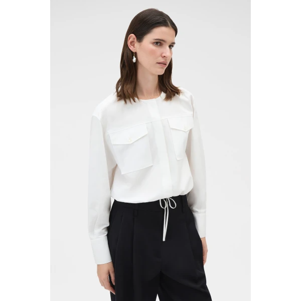 Oroton Pocket Detail Bomber Shirt White, view 3