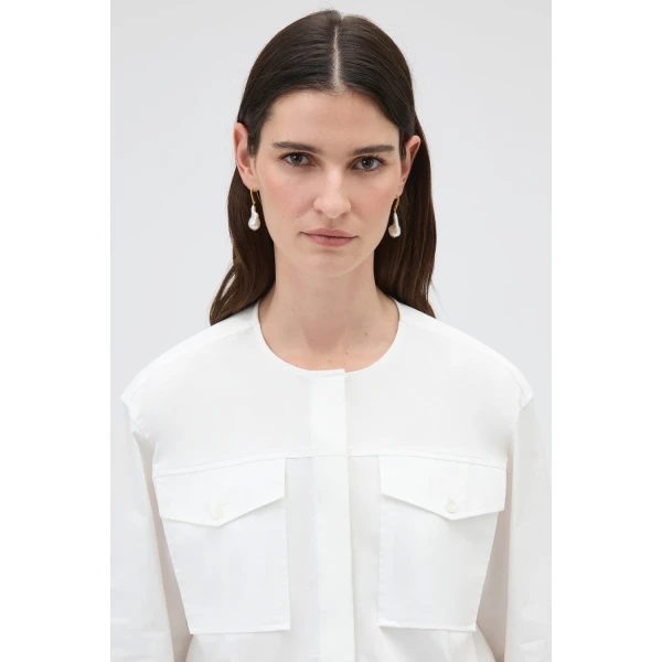 Oroton Pocket Detail Bomber Shirt White, view 4
