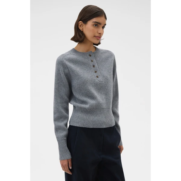 Oroton Rib Knit Henley Grey Marle, view 3