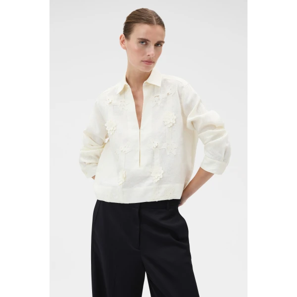 Oroton Ribbon Trim Shirt Fresh Cream, view 2