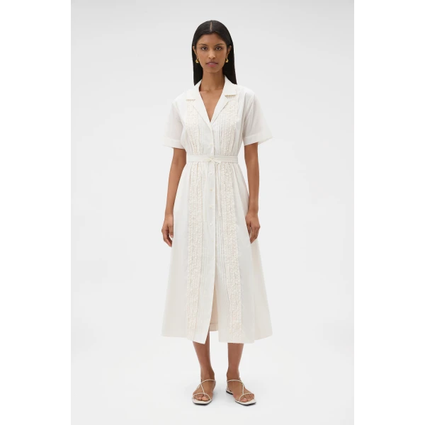 Oroton Ruffle Detail Shirt Dress Cream, view 2