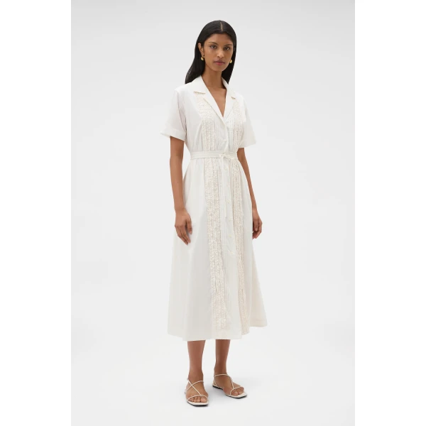 Oroton Ruffle Detail Shirt Dress Cream, view 3