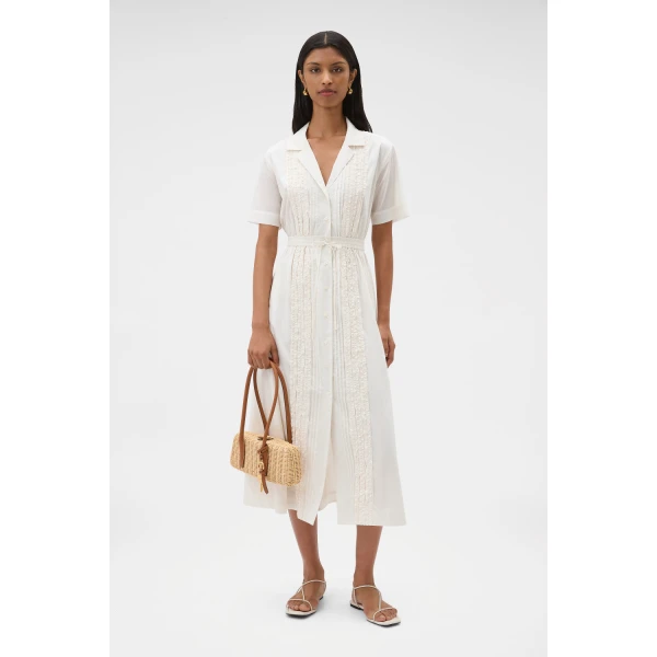 Oroton Ruffle Detail Shirt Dress Cream, view 6