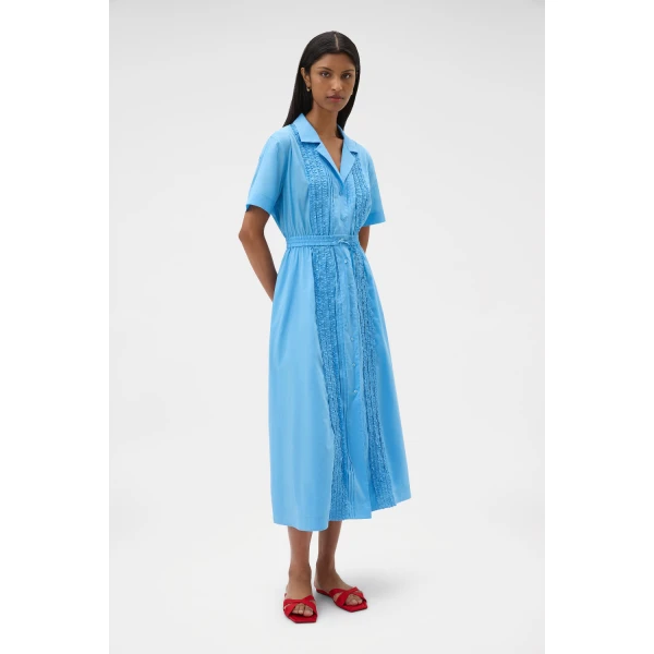 Oroton Ruffle Detail Shirt Dress Sea Blue, view 3