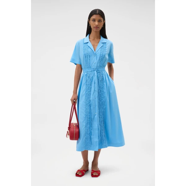 Oroton Ruffle Detail Shirt Dress Sea Blue, view 6