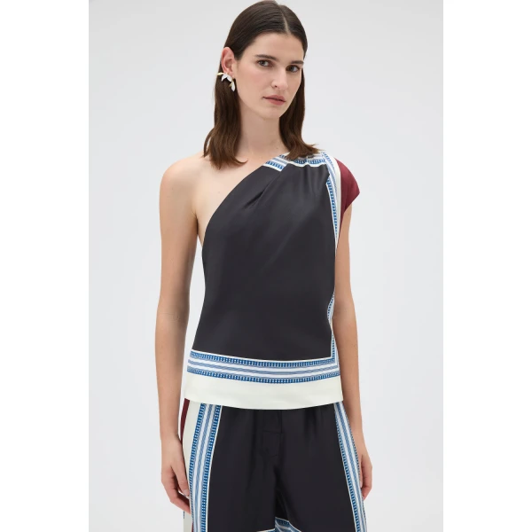 Oroton Silk Scarf One Shoulder Top Black, view 3